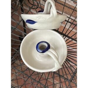 Pair Williamsburg Pottery Candlesticks Salt Glazed Blue Leaf